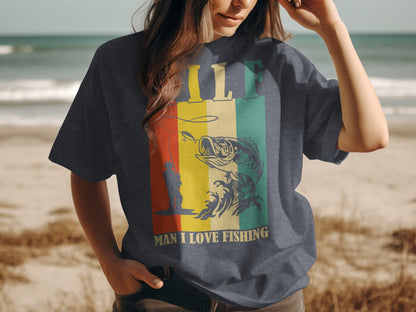 Dark grey t-shirt featuring a vintage fishing graphic with "ILF MAN I LOVE FISHING" text.