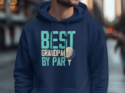 Navy hoodie with "BEST GRANDPA BY PAR" text and golf ball graphic.