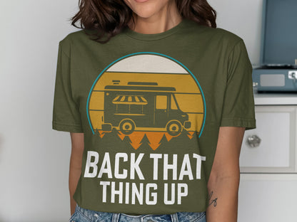 Olive t-shirt with a stylized food truck and "BACK THAT THING UP" text.