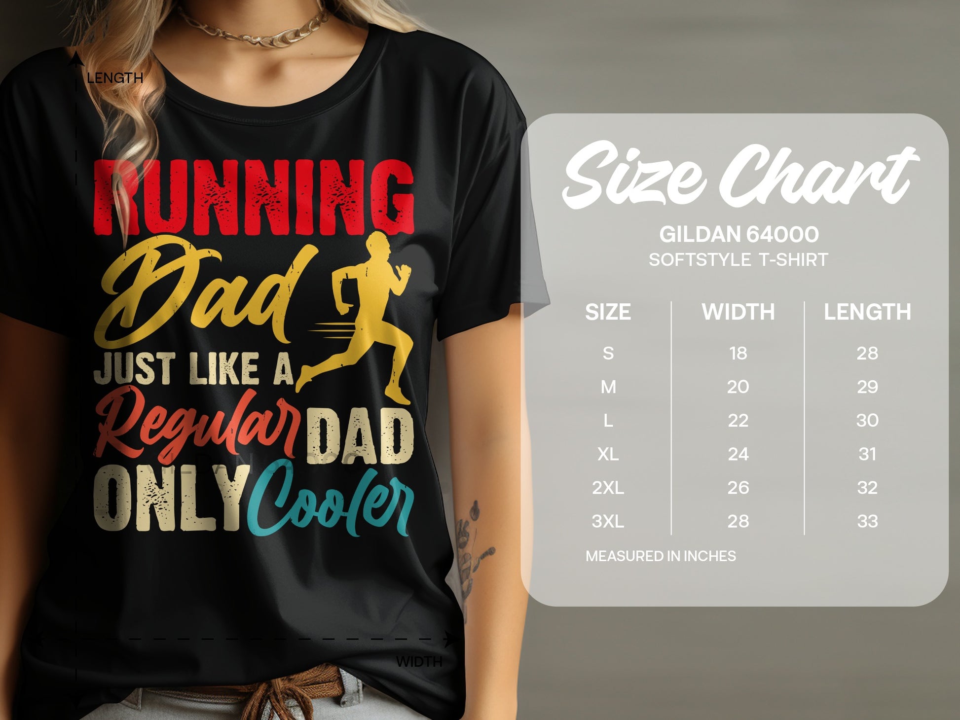 T-shirt with "Running Dad Just Like A Regular Dad Only Cooler" graphic and size chart.
