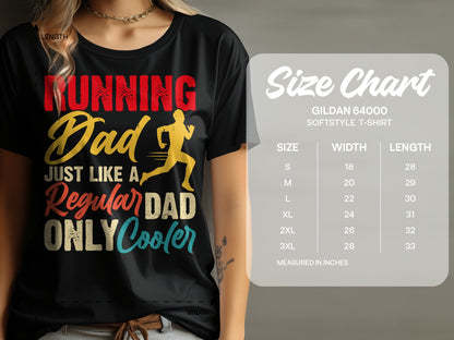T-shirt with "Running Dad Just Like A Regular Dad Only Cooler" graphic and size chart.