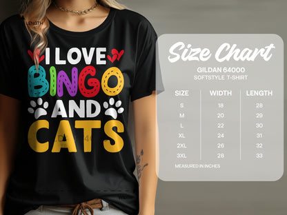 Black t-shirt with "I Love Bingo and Cats" graphic and size chart.