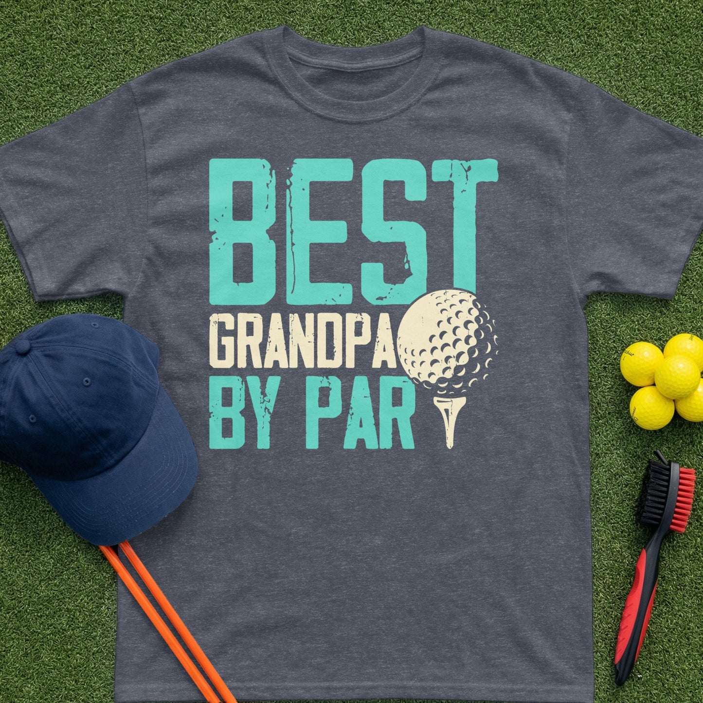 T-shirt with "BEST GRANDPA BY PAR" text on dark heather grey fabric.