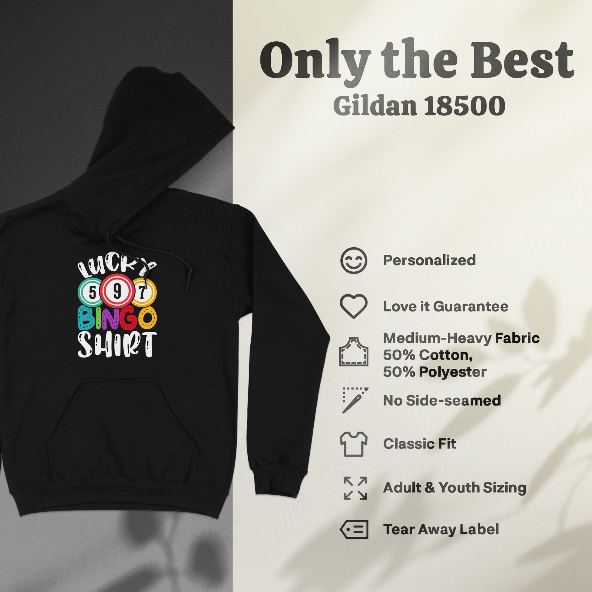 Black Gildan 18500 hoodie with "Lucky Bingo Shirt" graphic.