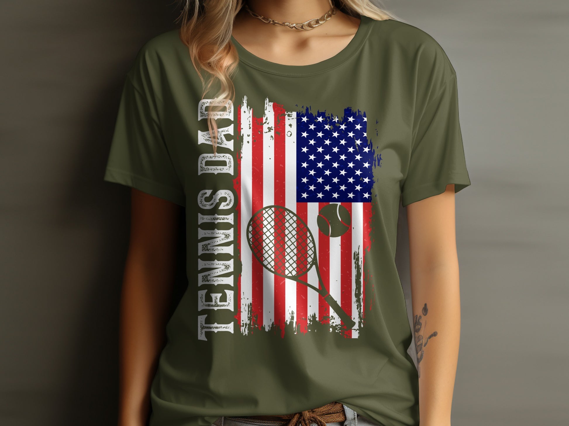Green t-shirt with distressed American flag and tennis racket.