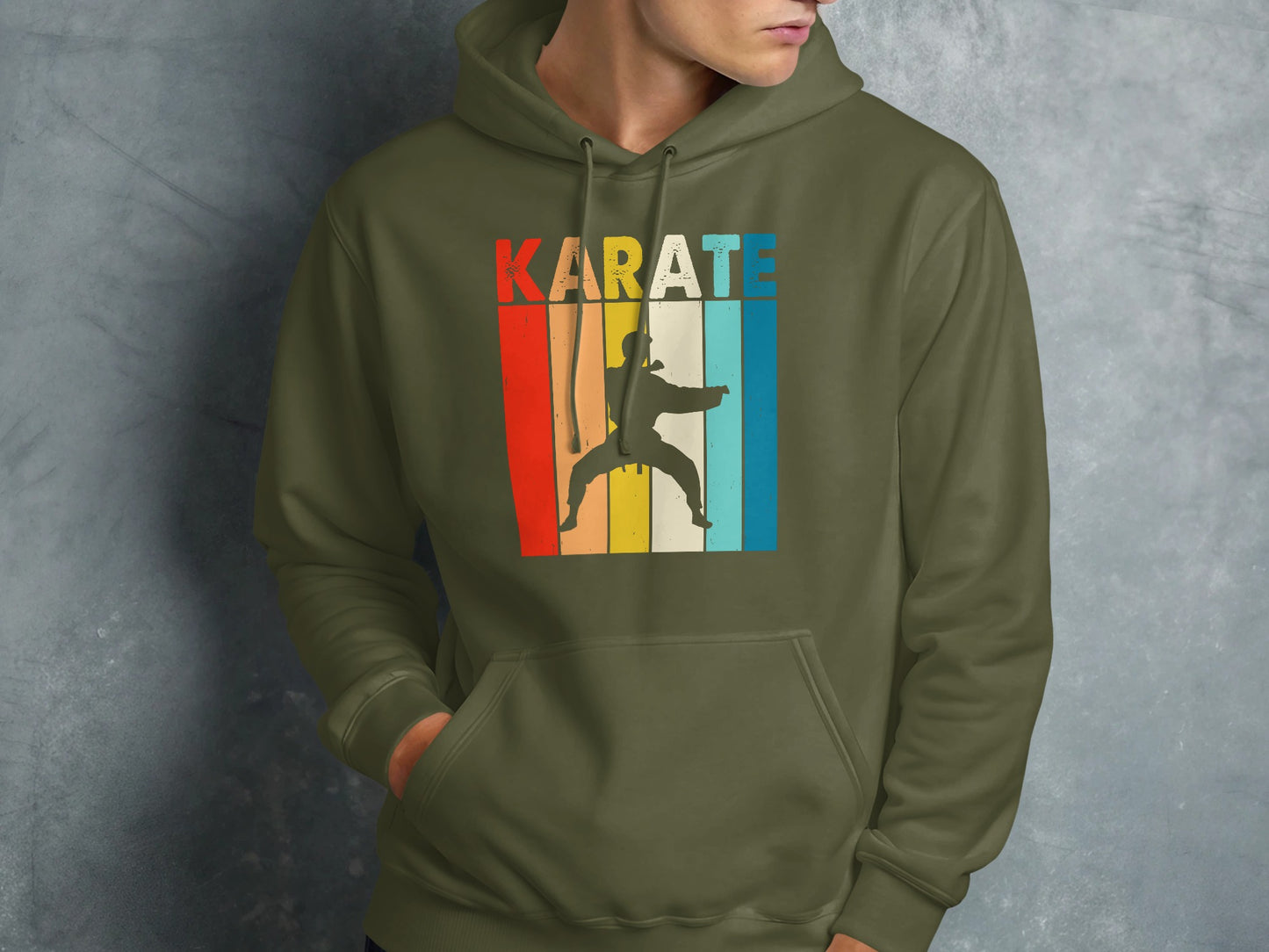 Hoodie with a vintage karate silhouette and striped "KARATE" text.