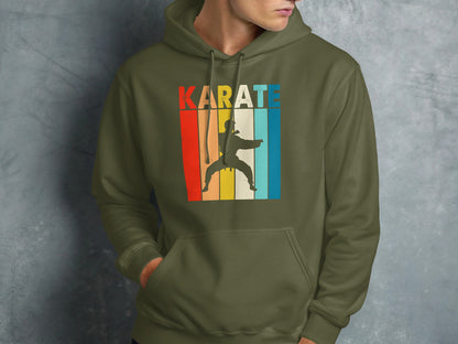 Hoodie with a vintage karate silhouette and striped "KARATE" text.