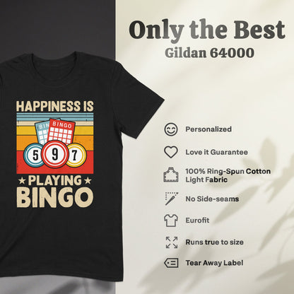 Black t-shirt with "Happiness is playing Bingo" text and bingo cards.