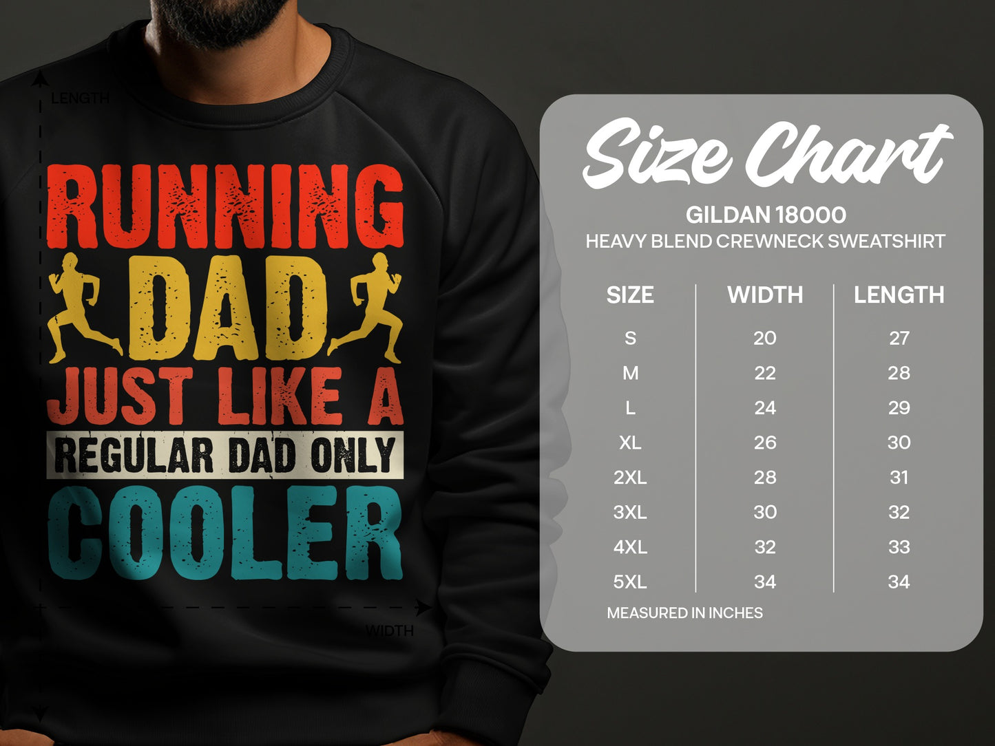 Running Dad Just Like a Regular Dad Only Cooler sweatshirt size chart.