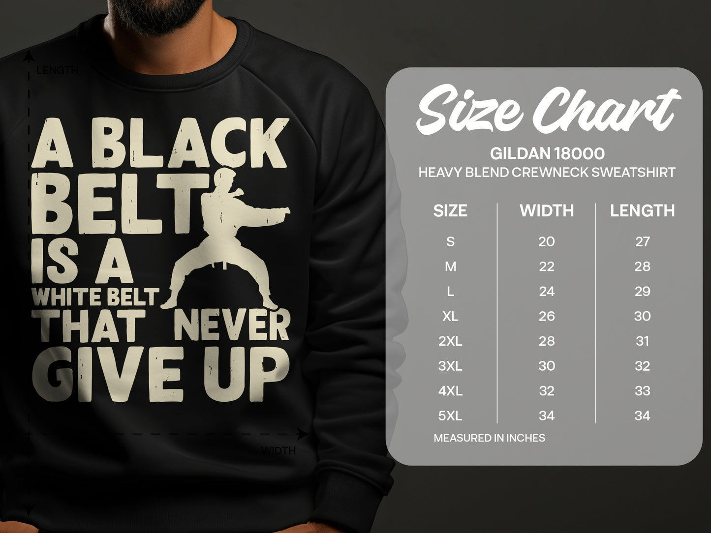 Gildan 18000 sweatshirt size chart for heavy blend crewneck, measured in inches.