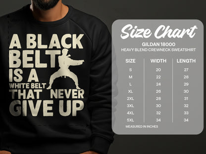 Gildan 18000 sweatshirt size chart for heavy blend crewneck, measured in inches.