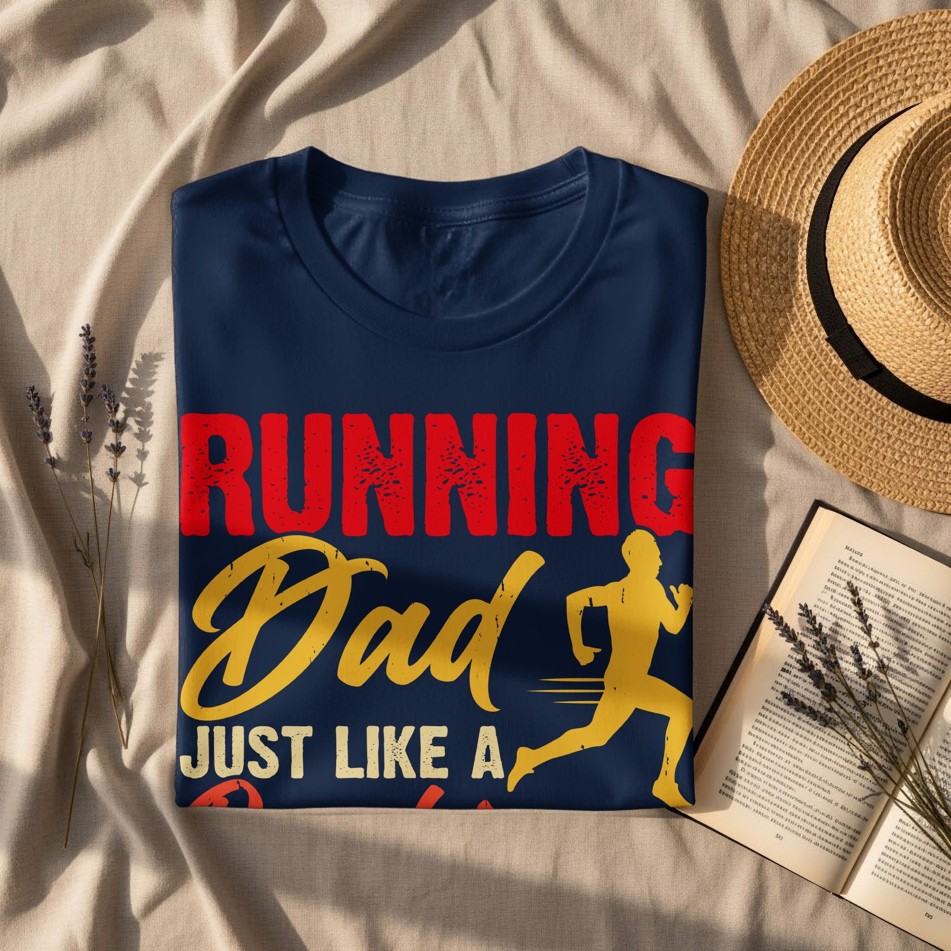 Navy t-shirt with "Running Dad Just Like a Runner" text and graphic.