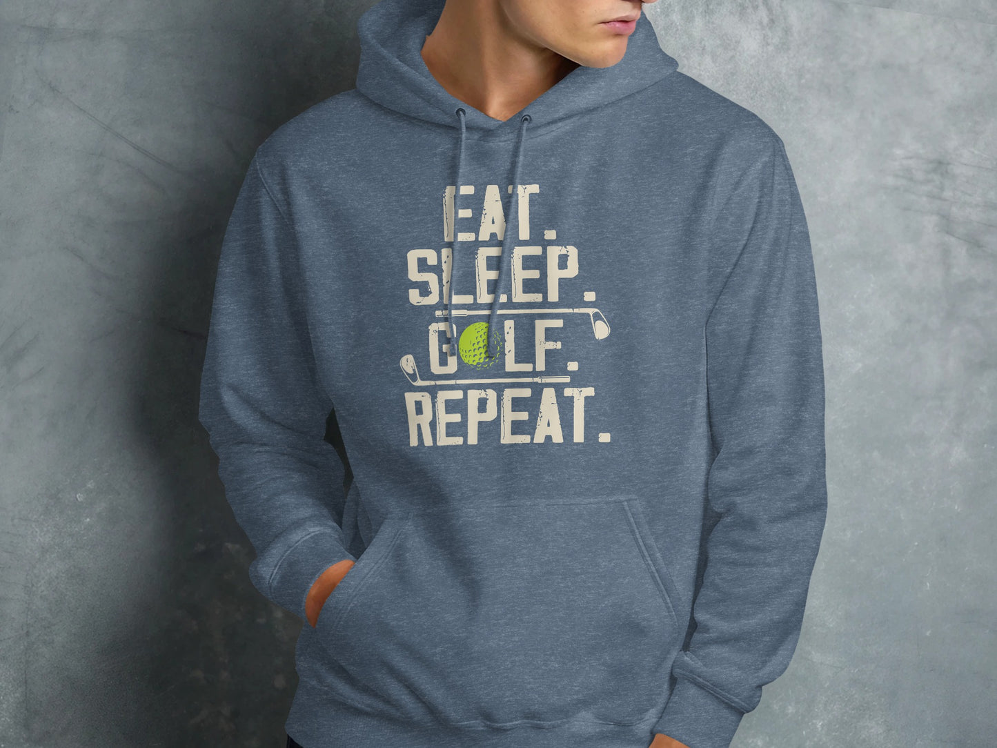 Blue hooded sweatshirt with "EAT. SLEEP. GOLF. REPEAT." text and golf imagery.