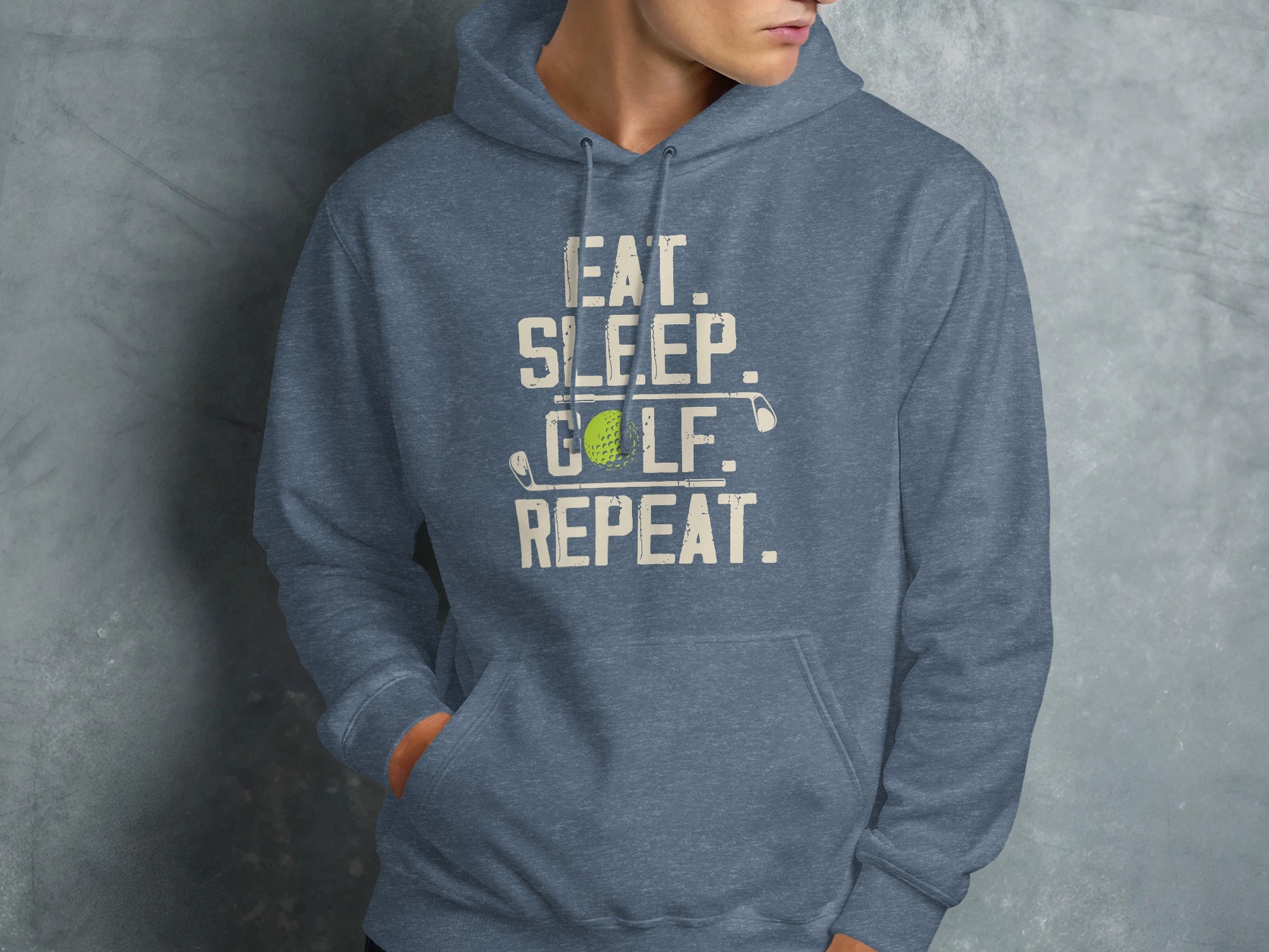 Blue hooded sweatshirt with "EAT. SLEEP. GOLF. REPEAT." text and golf imagery.