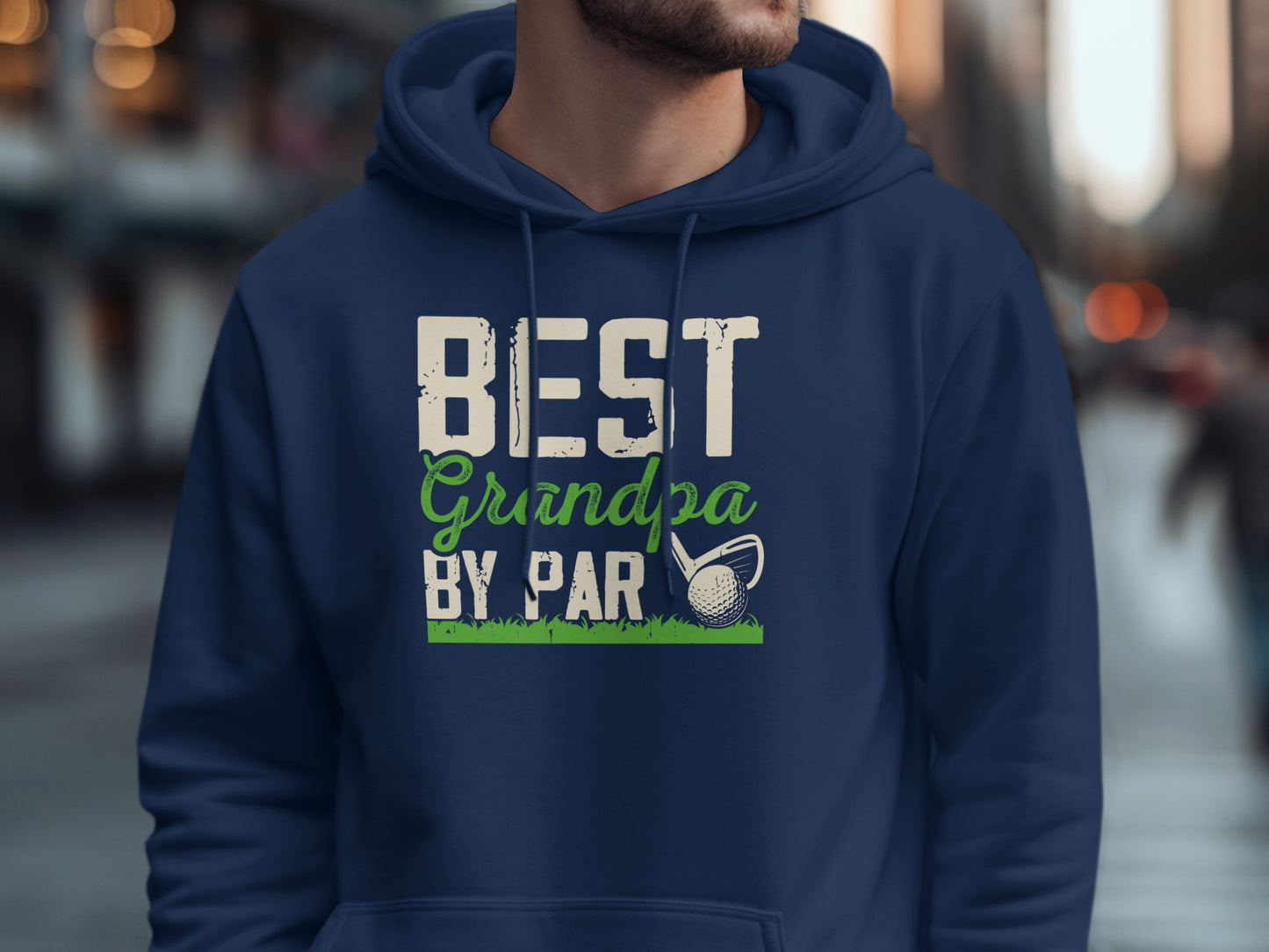 Navy hoodie with "BEST GRANDPA BY PAR" text and golf imagery.