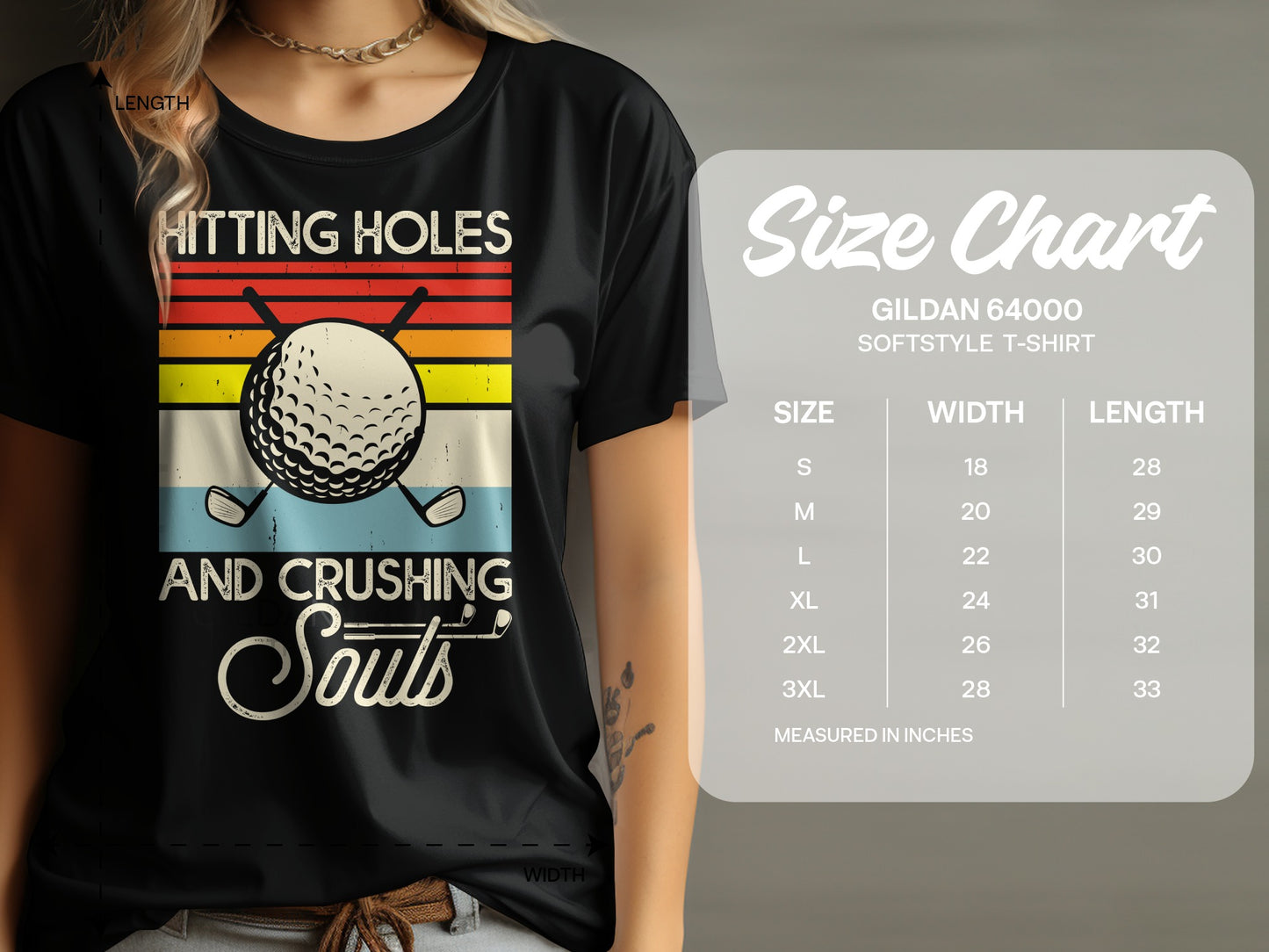 Black t-shirt with "Hitting Holes and Crushing Souls" and golf ball graphic.