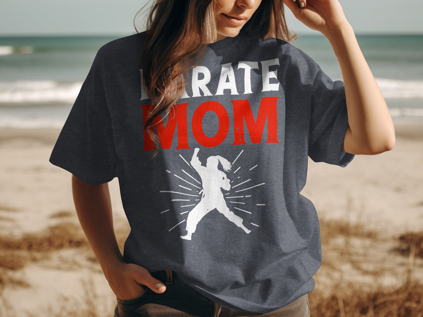 Charcoal t-shirt with "Karate Mom" in red and white, featuring a silhouetted karate stance.