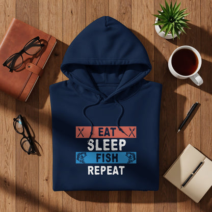 Navy blue hoodie with "Eat Sleep Fish Repeat" text and fish graphics.