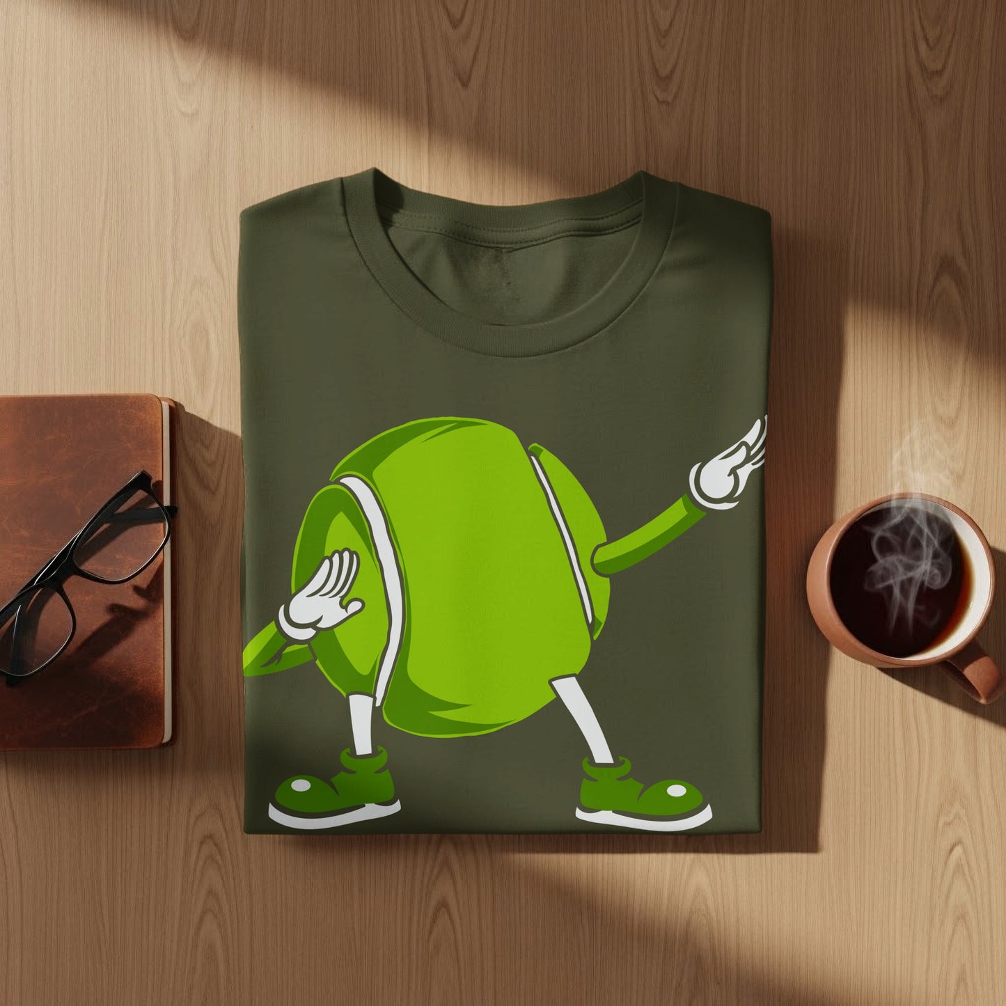 Green t-shirt with a cartoon tennis ball dabbing.