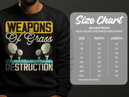 Sweatshirt graphic with golf balls and text "WEAPONS OF GRASS DESTRUCTION" and a size chart.