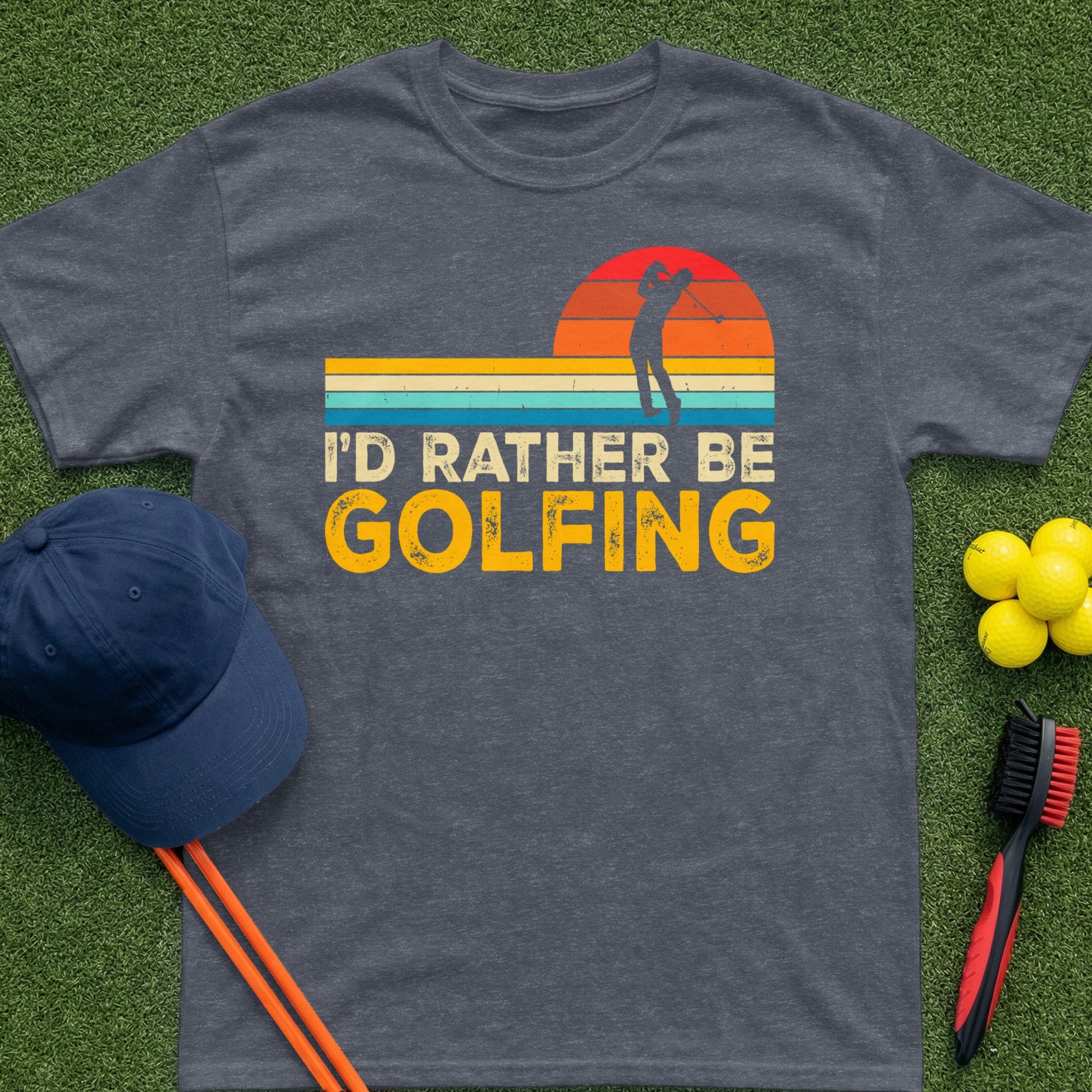 Dark t-shirt with "I'd Rather Be Golfing" text and a sunset graphic.