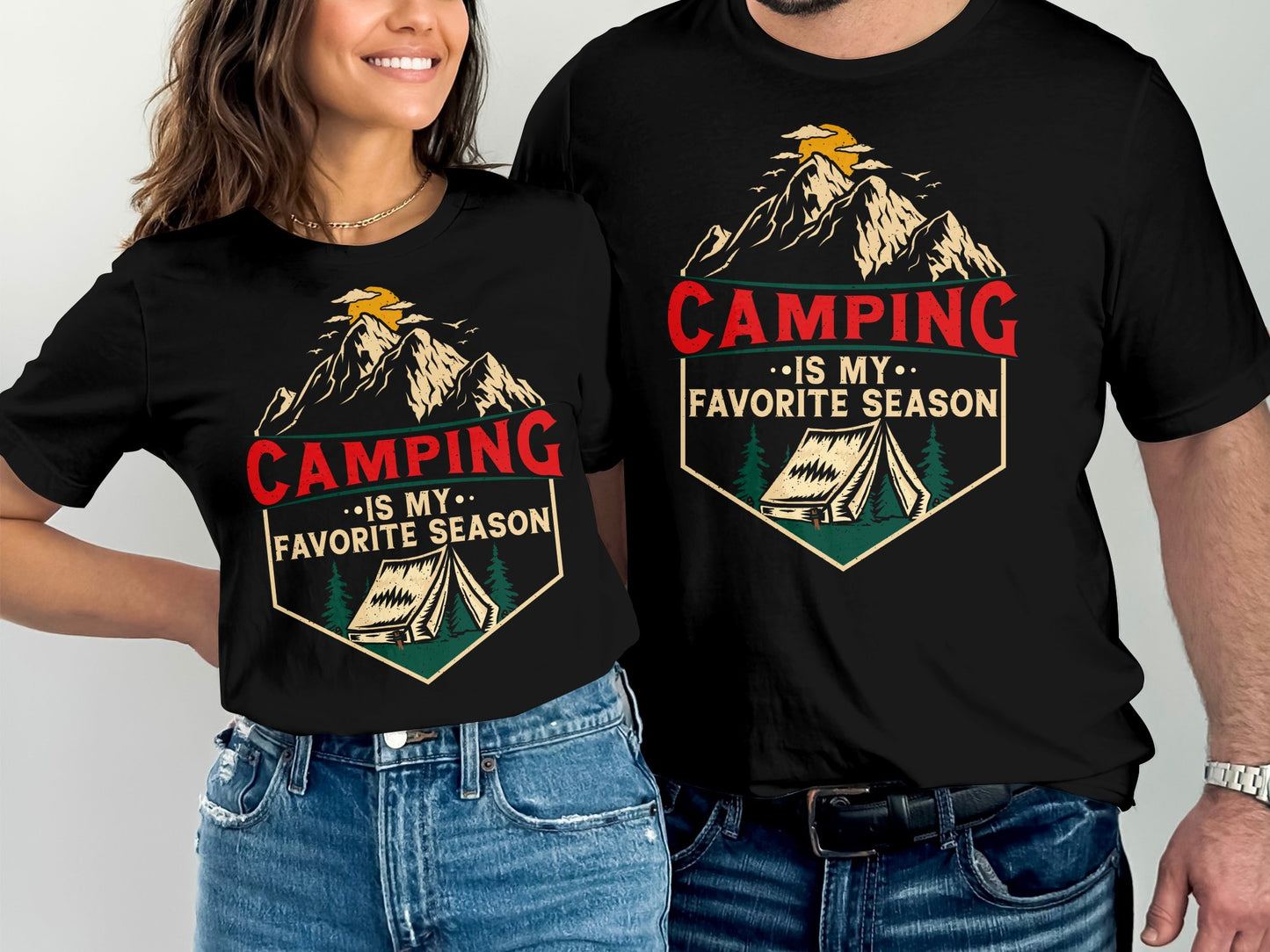 Two t-shirts with "Camping is my favorite season" and mountain, tent graphic.