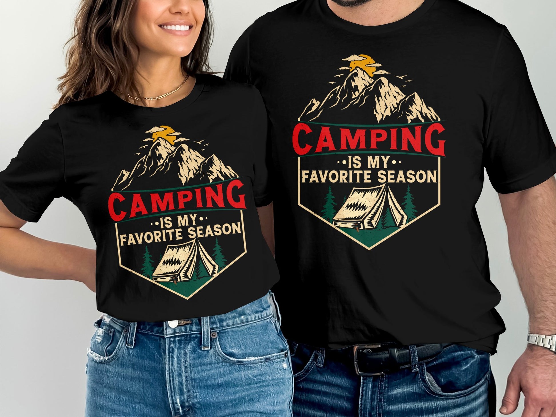 Two t-shirts with "Camping is my favorite season" and mountain, tent graphic.