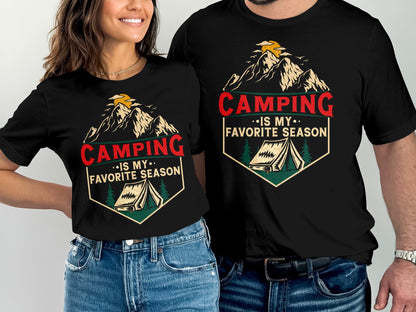 Two t-shirts with "Camping is my favorite season" and mountain, tent graphic.