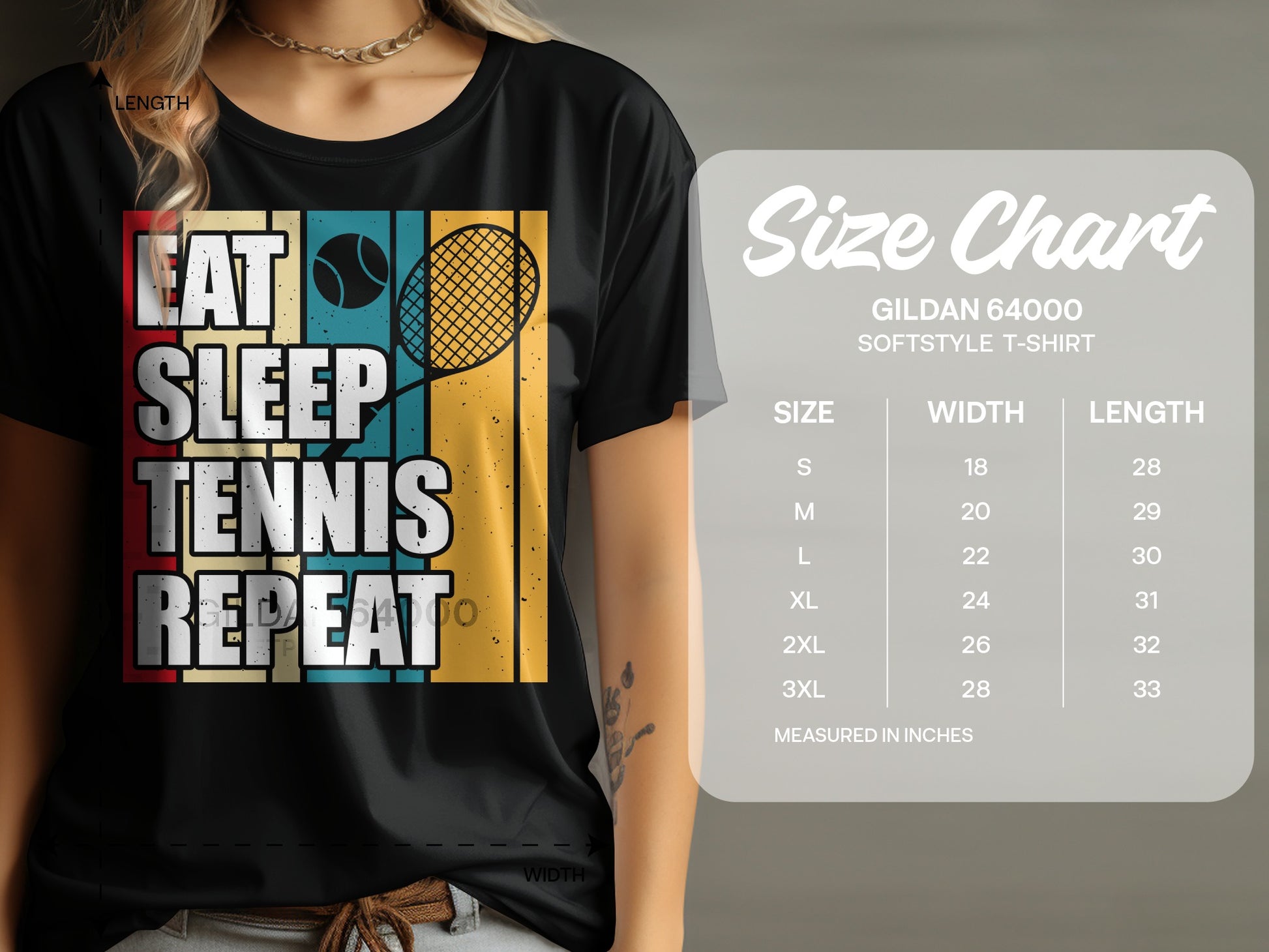 T-shirt with "Eat Sleep Tennis Repeat" graphic and Gildan size chart.