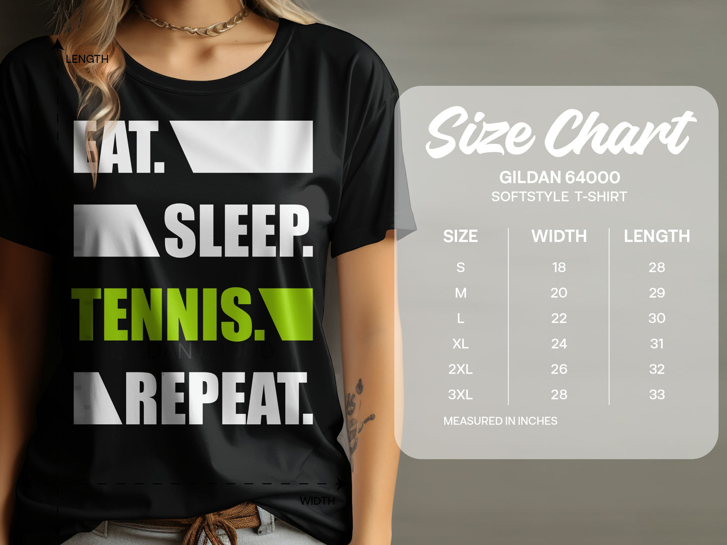 Black t-shirt with "Eat. Sleep. Tennis. Repeat." slogan and size chart.