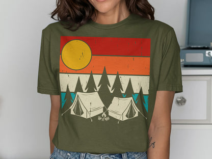 T-shirt graphic with two tents, pine trees, and a sunset.