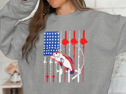 Gray sweatshirt with American flag design featuring fishing rods and a bass fish.