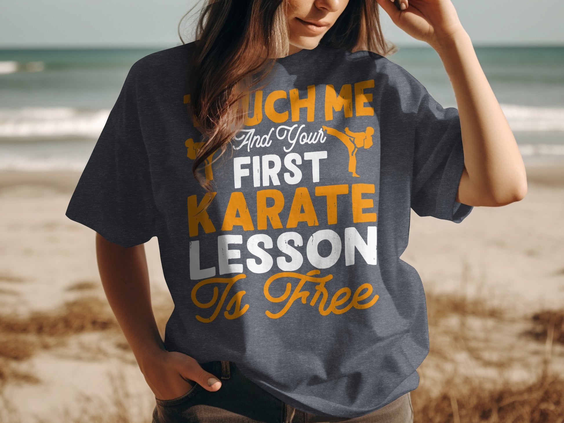 Dark t-shirt with "Touch Me And Your First Karate Lesson Is Free" text.