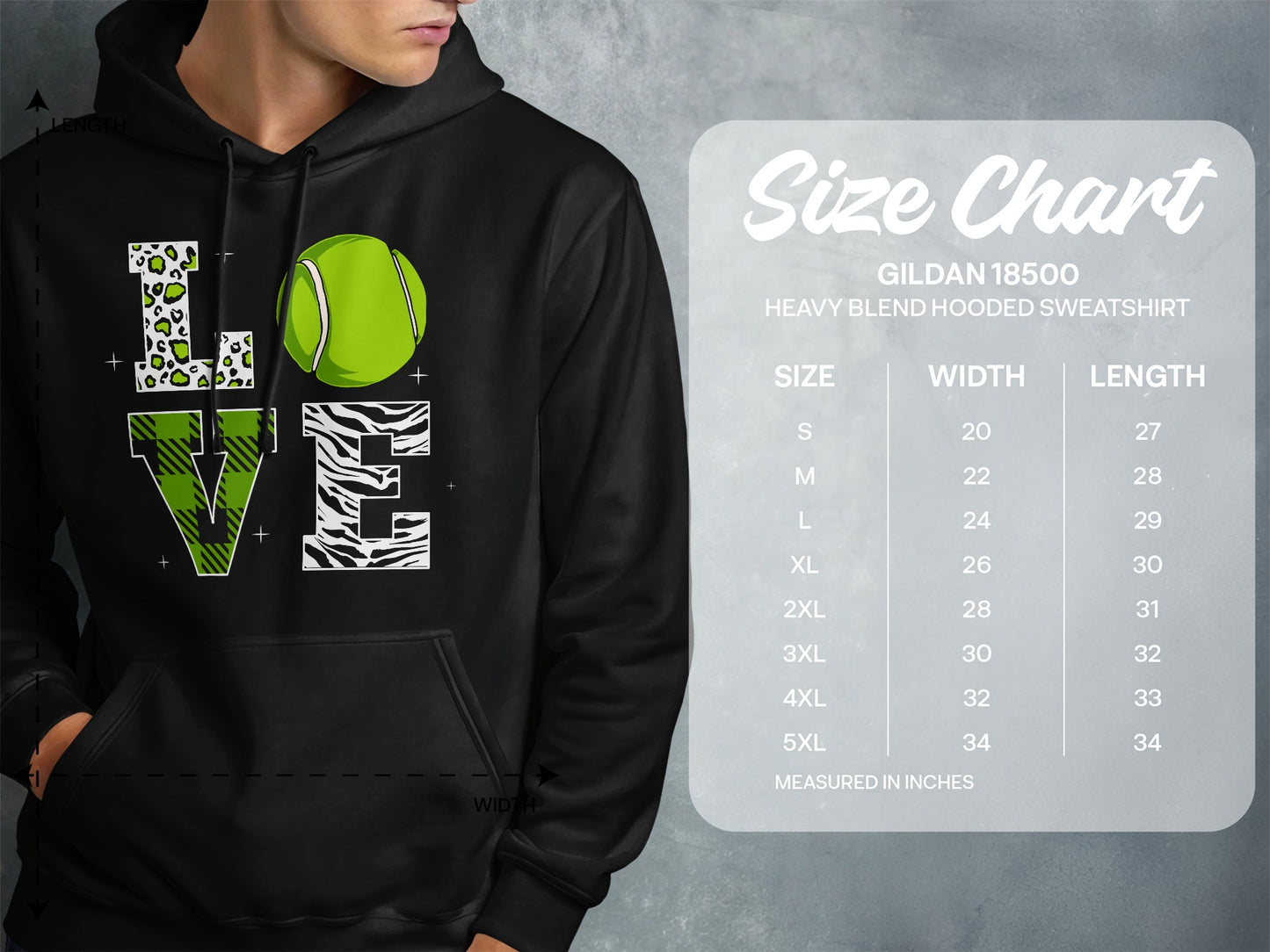 Gildan 18500 hooded sweatshirt size chart with "LOVE" text and tennis ball graphic.