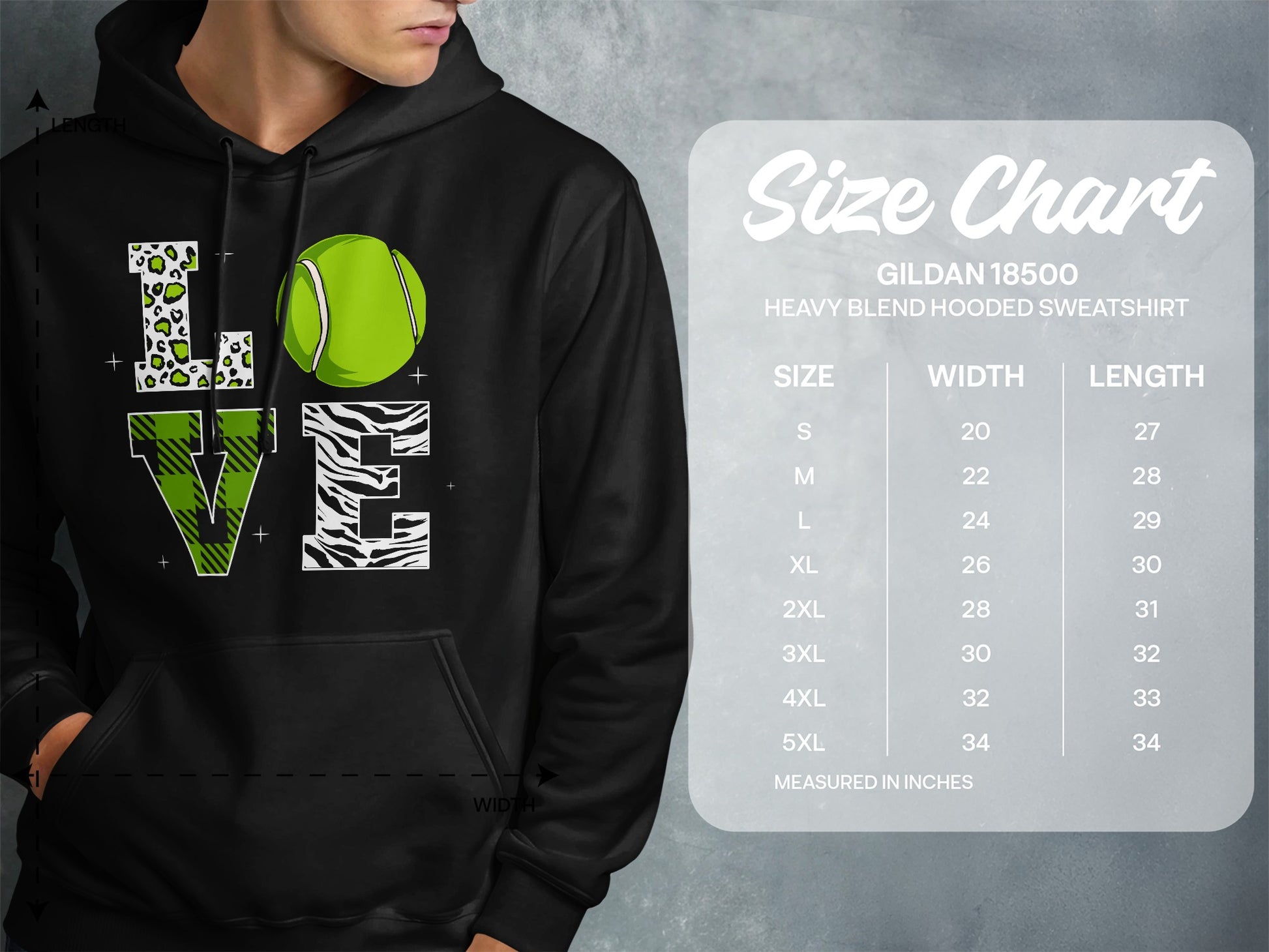 Gildan 18500 hooded sweatshirt size chart with "LOVE" text and tennis ball graphic.