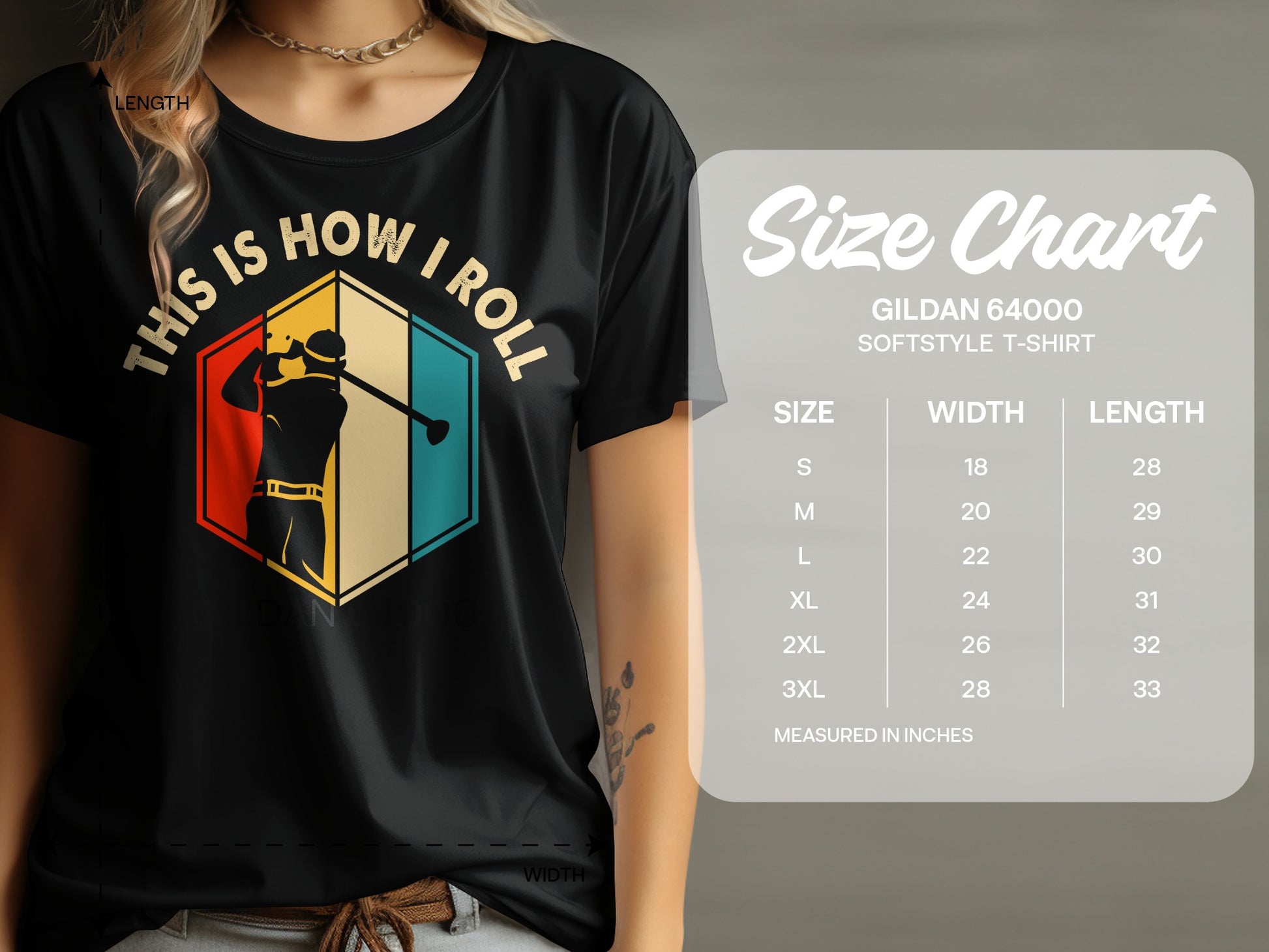 T-shirt with "This is How I Roll" and golfer graphic, alongside a size chart.