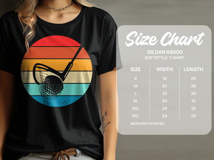 Black t-shirt with golf ball and club graphic and size chart.