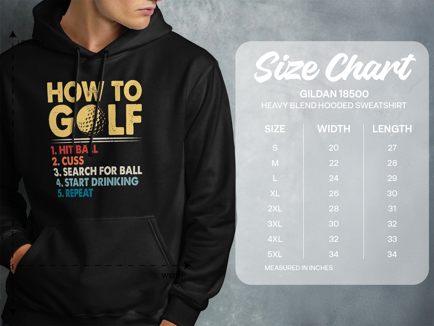 Hooded sweatshirt with "How to Golf" design and size chart.