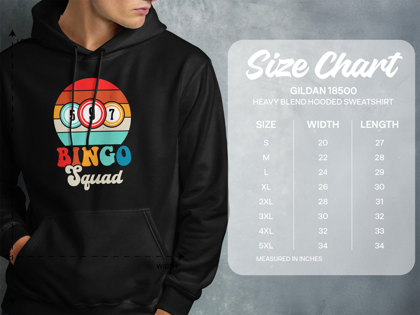 Gildan 18500 size chart for a "Bingo Squad" hooded sweatshirt.
