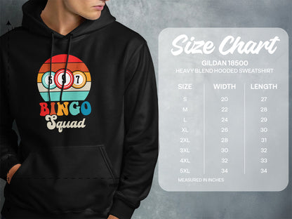 Gildan 18500 size chart for a "Bingo Squad" hooded sweatshirt.