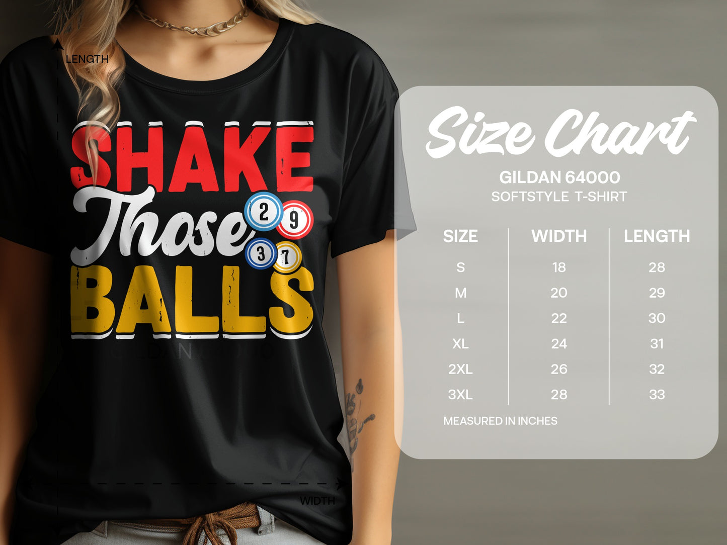 T-shirt with "Shake Those Balls" and bingo balls, next to a size chart.