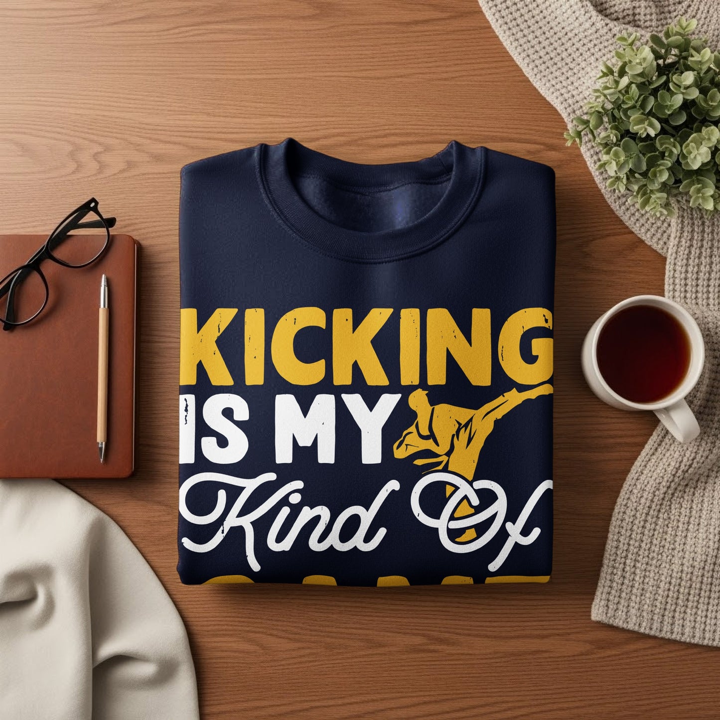 Navy sweatshirt with "Kicking Is My Kind Of" text and karate graphic.