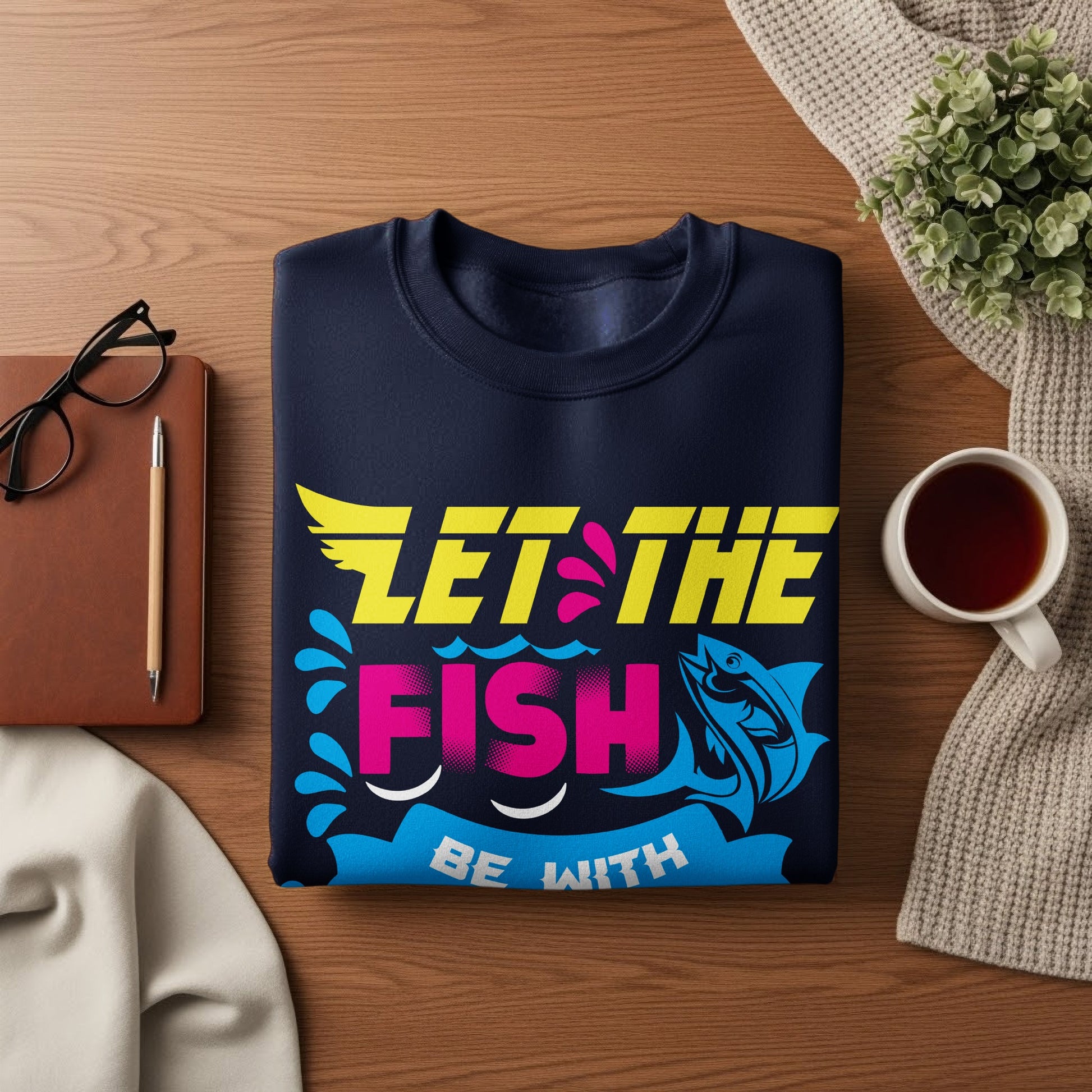 Navy sweatshirt with "Let the Fish Be With You" text and graphic.