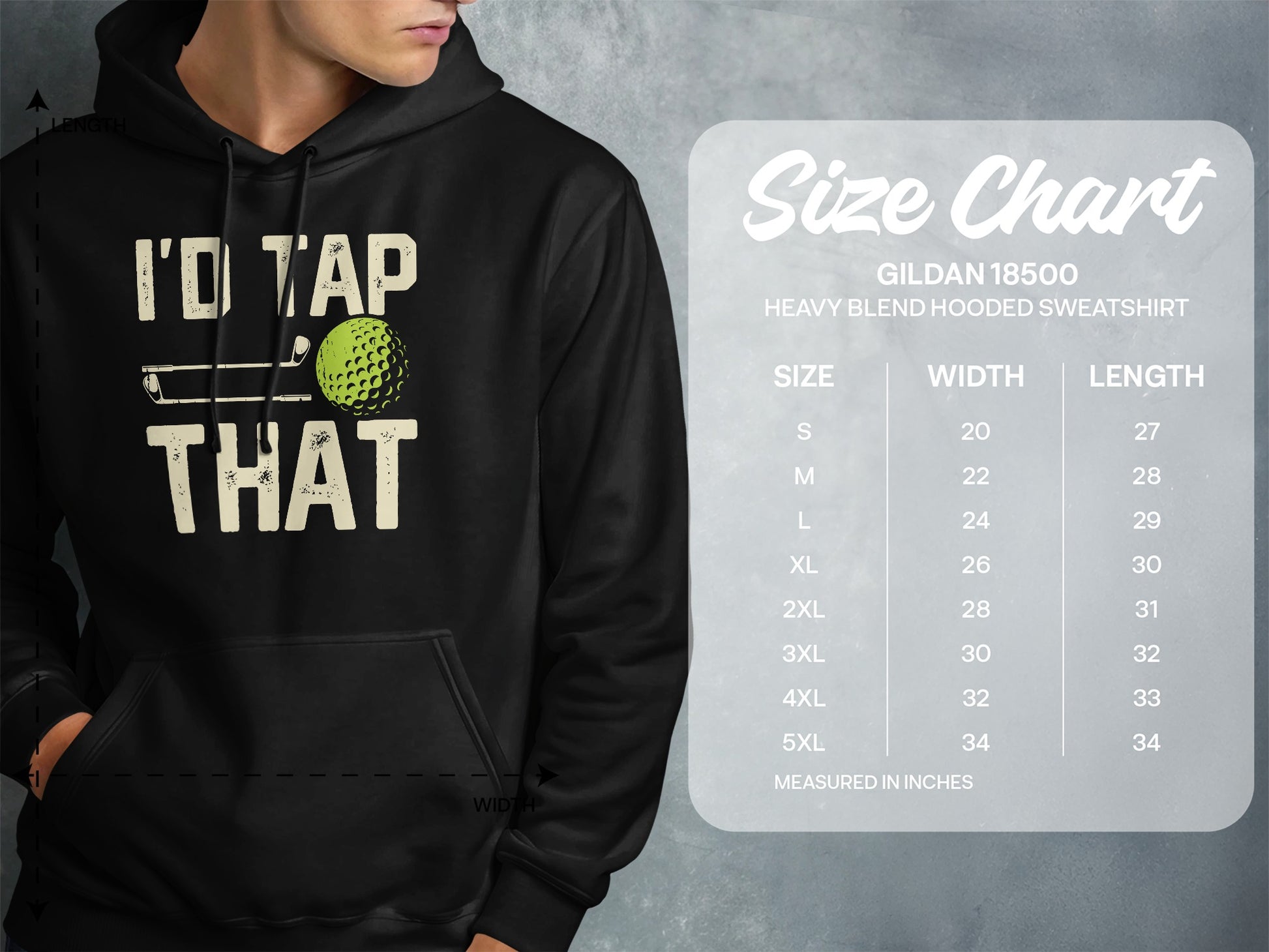 Gildan 18500 hooded sweatshirt size chart for width and length.