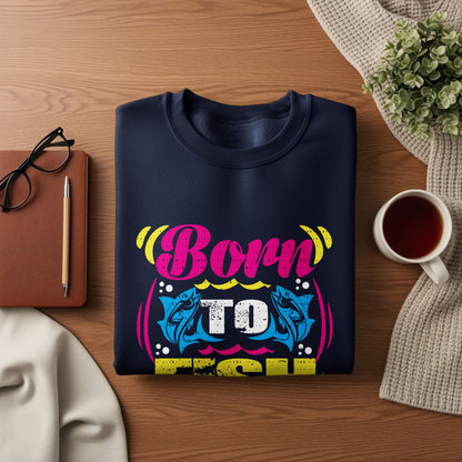 Navy sweatshirt with "Born to Fish" text and fish graphics.