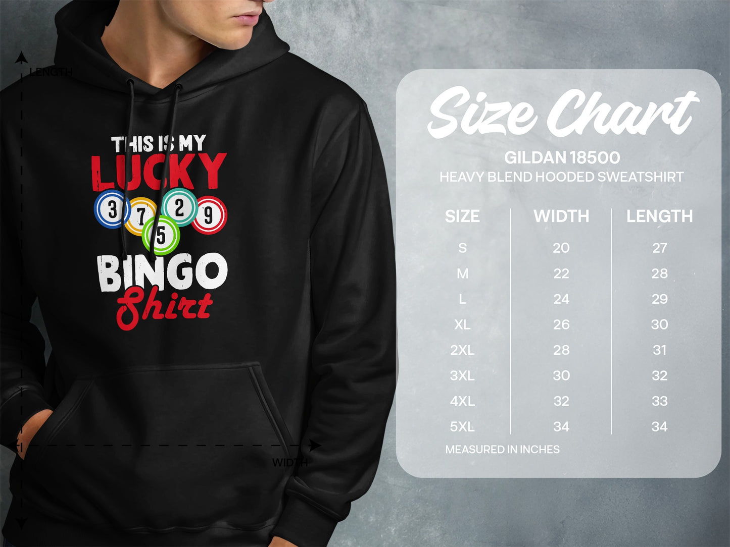 Hoodie with "THIS IS MY LUCKY BINGO Shirt" graphic and size chart.