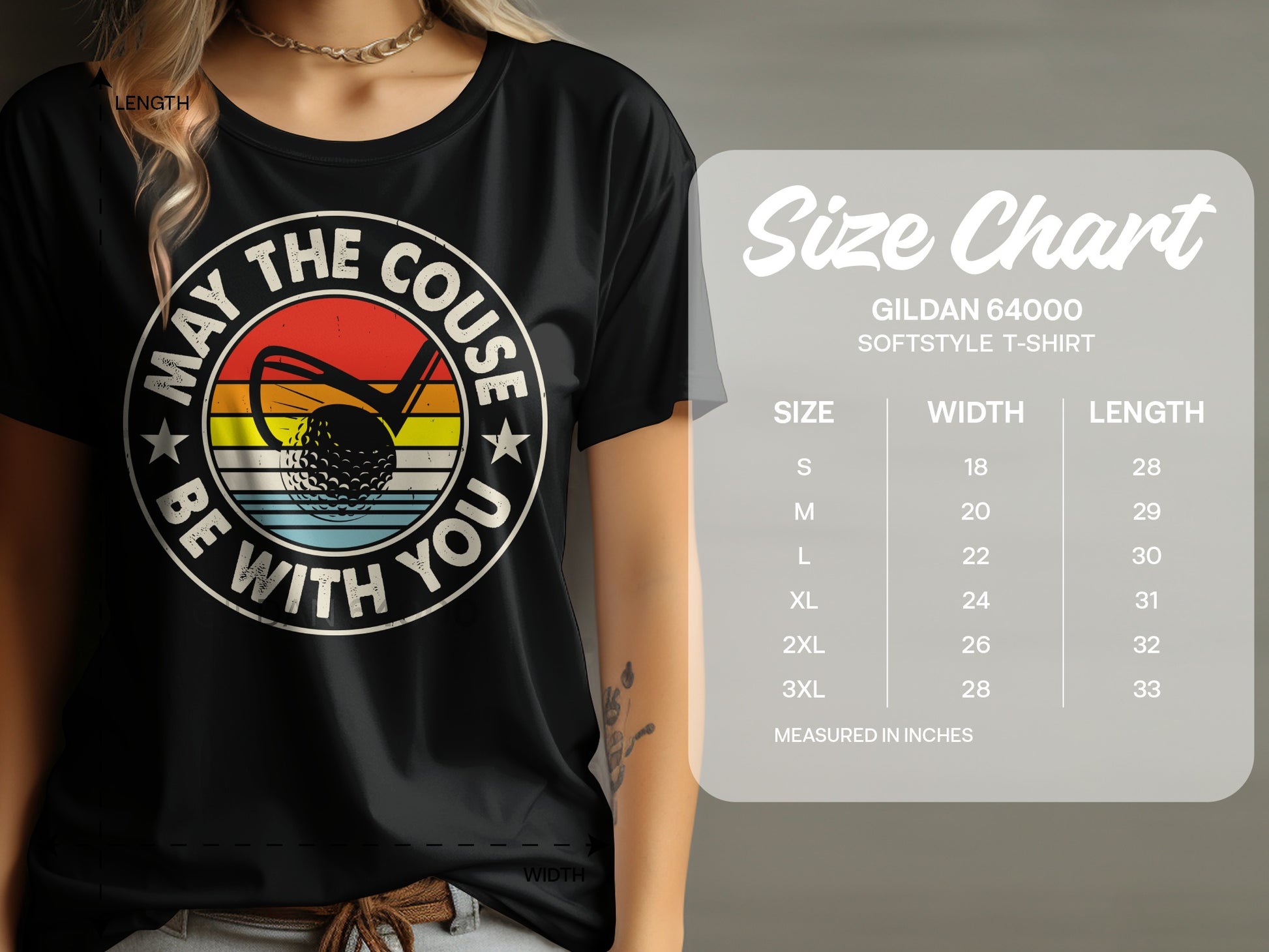 T-shirt with "May the course be with you" text, golf club, and ball.