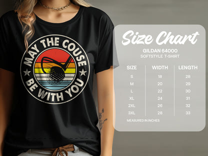 T-shirt with "May the course be with you" text, golf club, and ball.