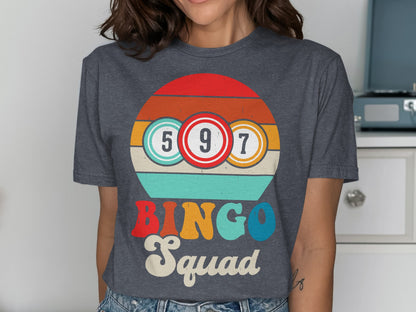 Bingo Squad graphic with numbered balls and colorful stripes on a dark gray t-shirt.