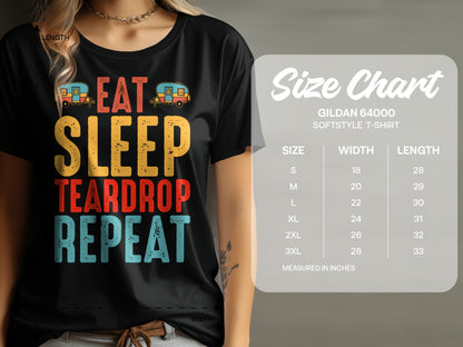 T-shirt with "EAT SLEEP TEARDROP REPEAT" graphic and size chart.